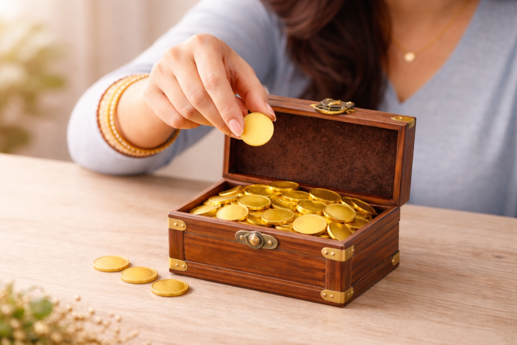 Indian woman putting coin in box with collection of gold coins