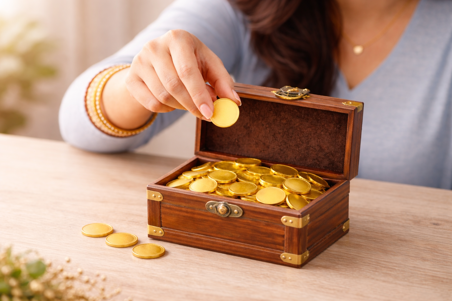 Indian woman putting coin in box with collection of gold coins